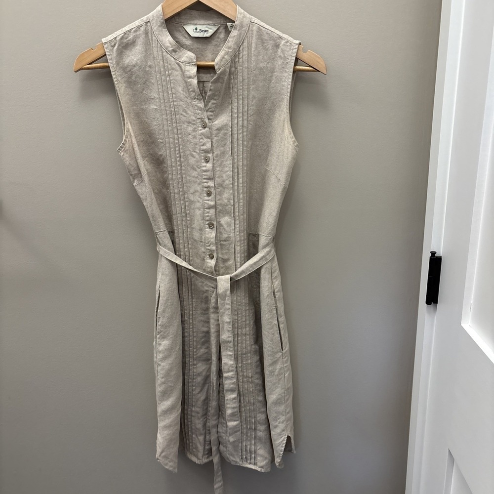 LL Bean Lagenlook Button Up Dress Knee Length Women Beige Linen, Size 4
